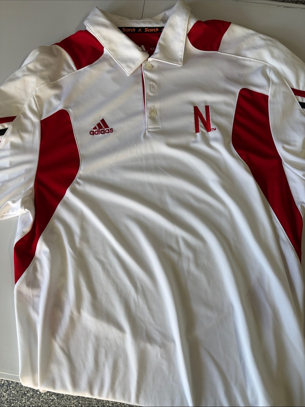 adidas White and Red Men’s Polo with Nebraska N Logo
